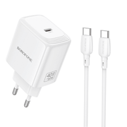 Zidni punjač s kabelom Type-C na Type-C Borofone Fuente GaN Type-C QC3.0 PD 40W bijeli