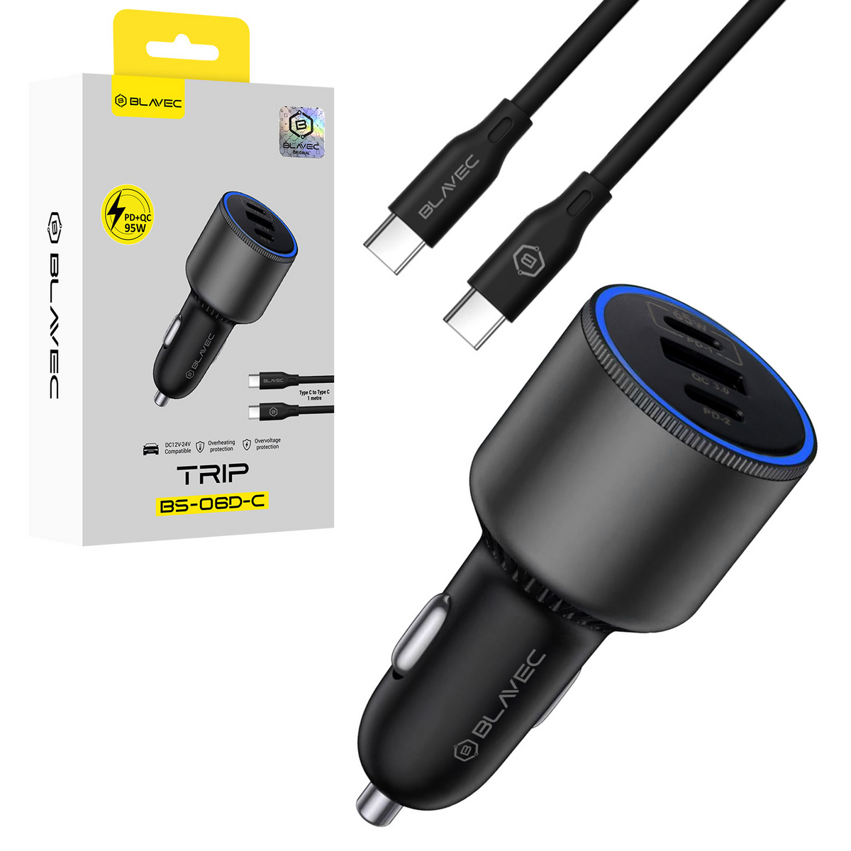 Auto punjač Blavec USB + 2xType C - QC 3.0 + PD (95W) s Type C na Type C  kabelom